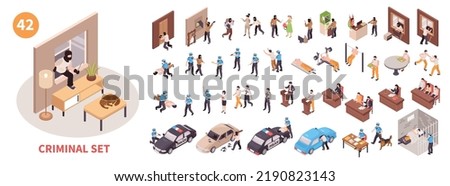 Isometric criminal set with crime police and prison scenes isolated vector illustration