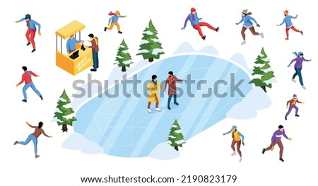 Isometric set of skating people ice rink skate rental and fir trees in snow isolated 3d vector illustration