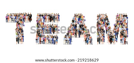 Group of people adult professionals in team lettering shape poster vector illustration