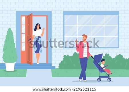 Husband leaving house to walk with child and waving to wife standing at front door flat vector illustration