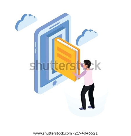 Online education library isometric icon with character taking electronic book 3d vector illustration