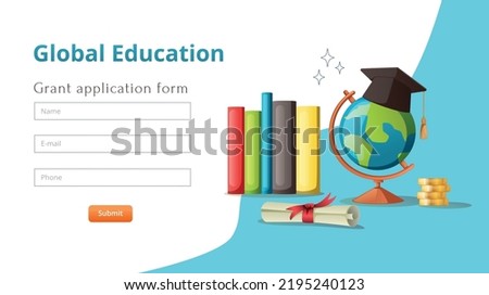 Global education student exchange cartoon web site landing page with contact forms submit button and books vector illustration