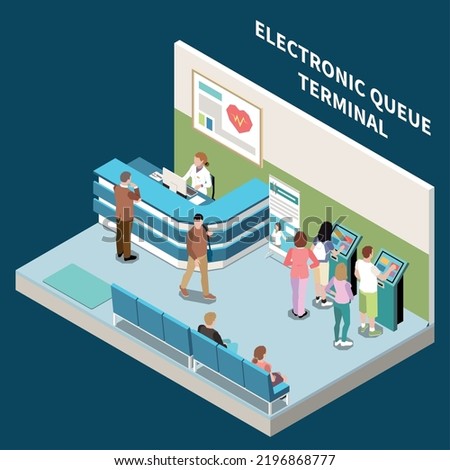 People using electronic queue terminals at health clinic 3d isometric composition 3d vector illustration