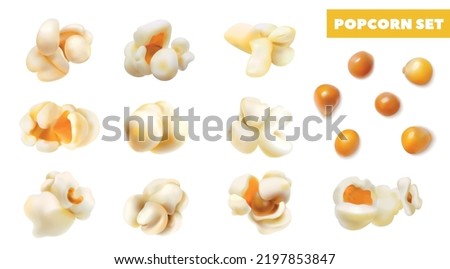 Realistic salted and sweet popcorn grains and fluffy pieces icons set isolated vector illustration