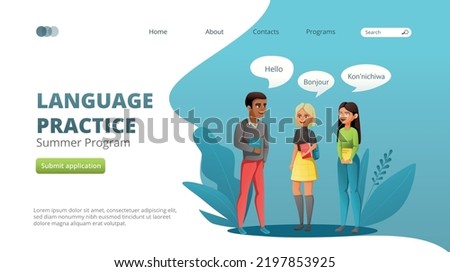 Global education student exchange cartoon web site landing page with clickable links and editable text buttons vector illustration