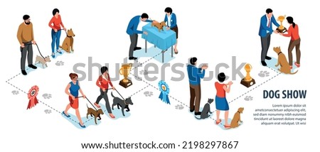 Isometric dog show infographics with editable text and flowchart of images with showcase winners and trophies vector illustration