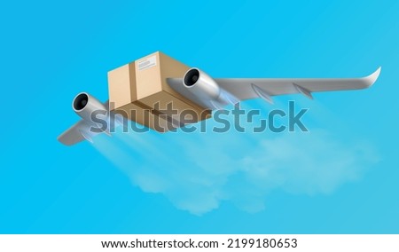 Flying box air delivery realistic composition with conceptual image of parcel package flying with aircraft wings vector illustration