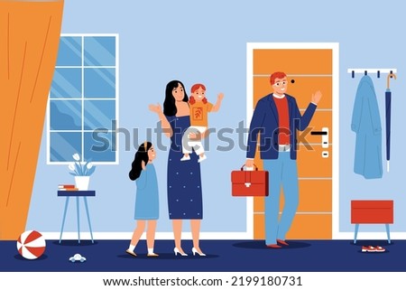 Mother and daughters see off dad leaving home for work in hall flat vector illustration
