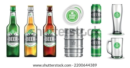 Realistic beer mockup icon set three kinds of beer bottles of different colors aluminum cans of two sizes glasses lids and beer keg vector illustration