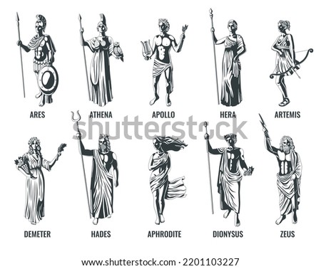 Ancient greek olympian gods with their names flat black and white set isolated vector illustration