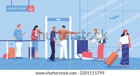 Passengers going through security check and taking their luggage at airport flat vector illustration
