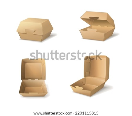 Set with isolated burger box mockup images with brown cardboard packages open and closed with shadows vector illustration