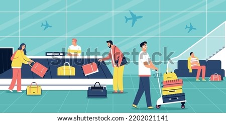 People collecting their suitcases at baggage carousel at airport flat vector illustration