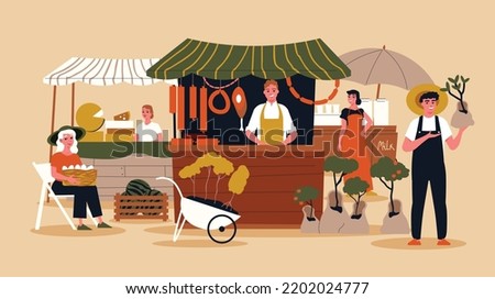 Farmers market flat background with sellers offering products of their own production vector illustration