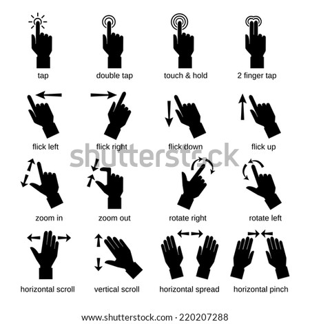 Touch interface hand gestures black icons set isolated vector illustration