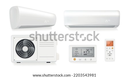 Air conditioner split control system with remote realistic set isolated vector illustration