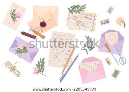 Romantic letters post flat composition with scissors sealing wax seal flowers envelops set vector illustration