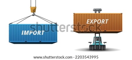 Cargo container set of two realistic images with import and export marked containers lifted and elevated vector illustration