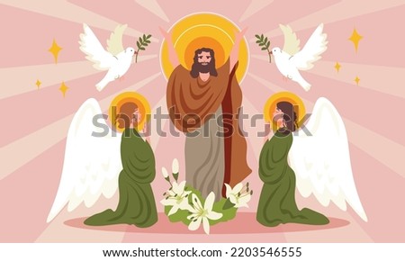 Easter flat composition with Jesus Christ doves and praying angels vector illustration