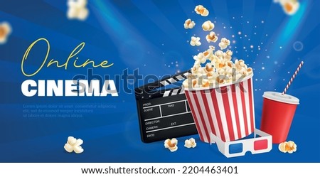 Realistic cinema poster with popcorn bucket drink cup and 3d glasses vector illustration