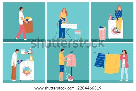 People doing laundry ironing and hanging out clothes flat compositions set on color background isolated vector illustration