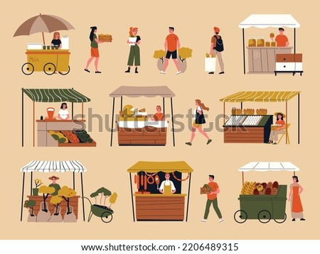 Farmers marketplace color cartoon compositions demonstrated counters with sellers offering handmade farm food isolated vector illustration