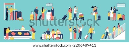 Flat airport set with people going through security taking luggage waiting checking in seeing off relatives isolated on color background vector illustration