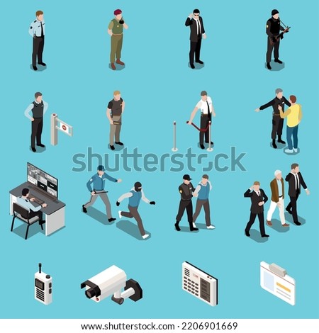 Security service isometric set of guards in work process and electronic elements for video control code locks and transmitter vector illustration