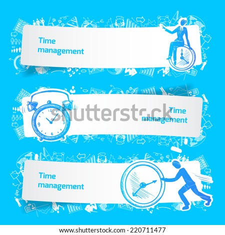 Time management set banners sketch with business people and alarm clocks isolated vector illustration