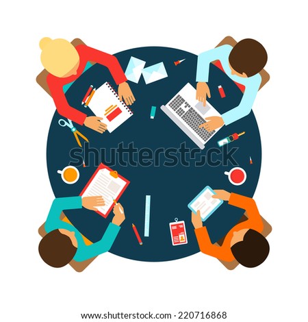 Business men team office meeting concept top view people on table vector illustration