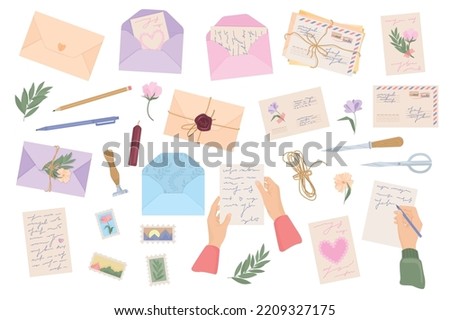 Romantic letters post flat icon set hands leaves texts envelops post cards and other elements vector illustration