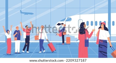People seeing off and meeting friends and family at airport flat vector illustration