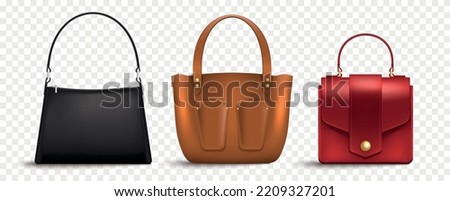 Realistic leather bag women set with transparent background and isolated images of three feminine fashionable bags vector illustration