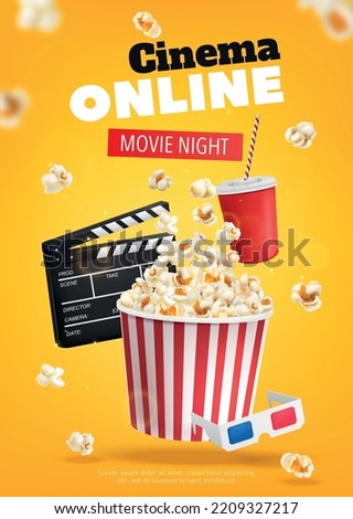 Realistic movie night advertising poster with popcorn bucket and 3d glasses vector illustration