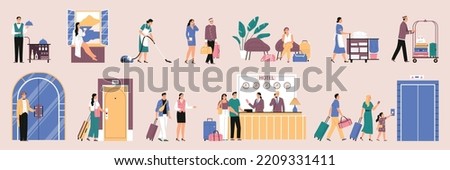 Flat hotel set with porter receptionist waiter doorman maid and travellers checking in with luggage isolated on color background vector illustration