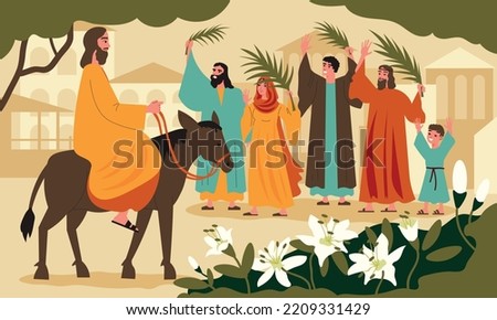 Easter and palm sunday flat concept with Jesus Christ entering Jerusalem on donkey vector illustration