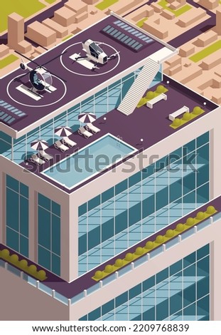 Roof heliport isometric concept with private airplane and helicopter landed on building rooftop vector illustration