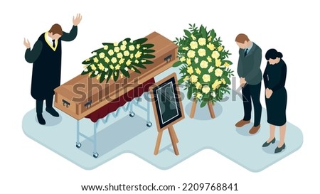 Priest holding funeral service near coffin wreath portrait and mourning relatives 3d isometric vector illustration