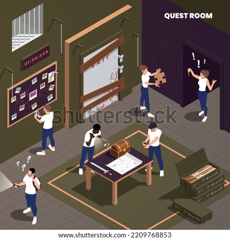 Escape room quest concept with people solving different treasure hunt puzzles isometric vector illustration