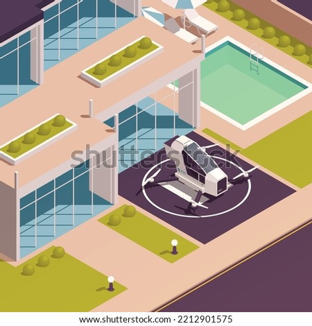 Air transport isometric concept with private helicopter on heliport spot vector illustration