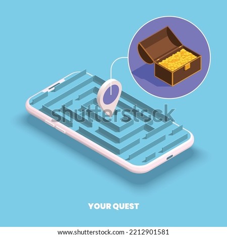 Treasure hunt quest concept with mobile phone and maze map application isometric vector illustration