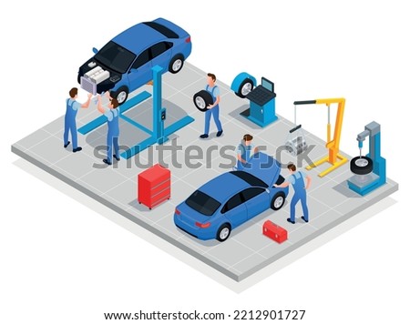 Car workshop isometric composition with professional workers performing maintenance of automobiles vector illustration