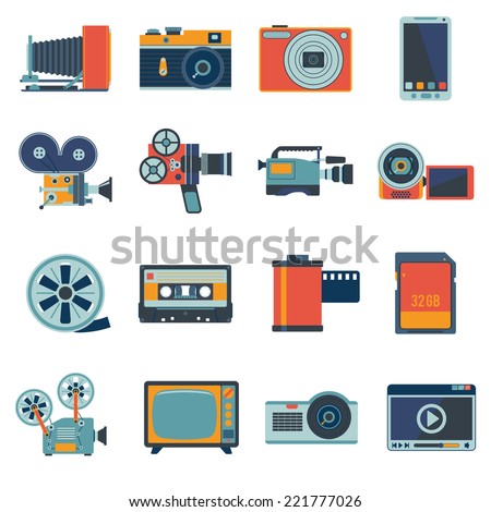 Photo video camera and multimedia equipment flat icons set isolated vector illustration Сток-фото © 