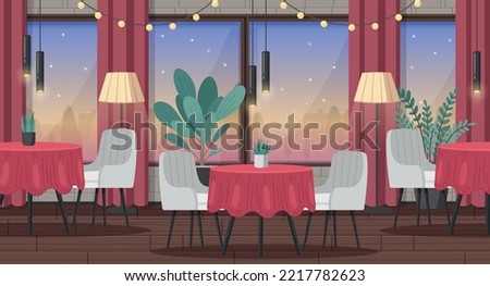 Restaurant interior cartoon scene with fancy furniture and decoration items vector illustration