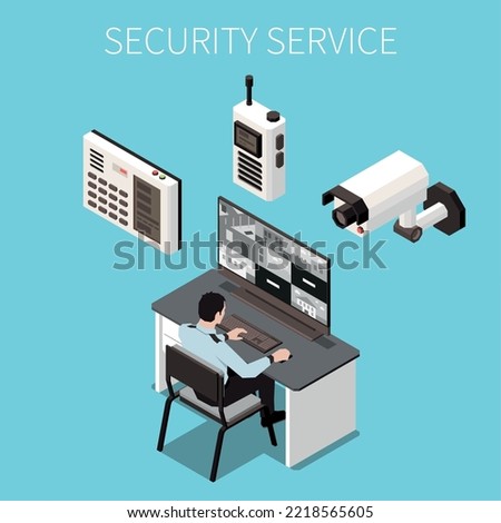 Security service design concept with office guard looking in screen of video surveillance system isometric vector illustration