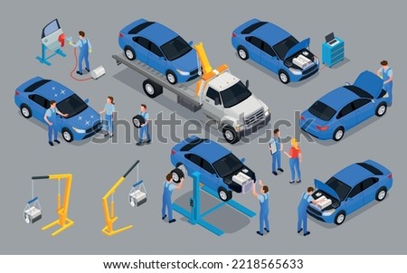 Car service isometric icons set of tow truck with faulty car workers and workshop equipment for repair vector illustration