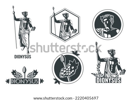 Greek olympian god dionysus flat black and white emblems design set isolated vector illustration