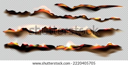 Realistic burnt paper borders set four burning sides of the paper on transparent background vector illustration