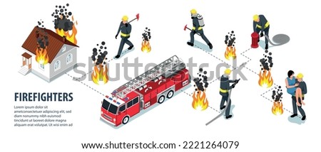 Isometric firefighter infographic with headlines fires burning house fire truck, firemen helping people and rescuing them from burning houses vector illustration