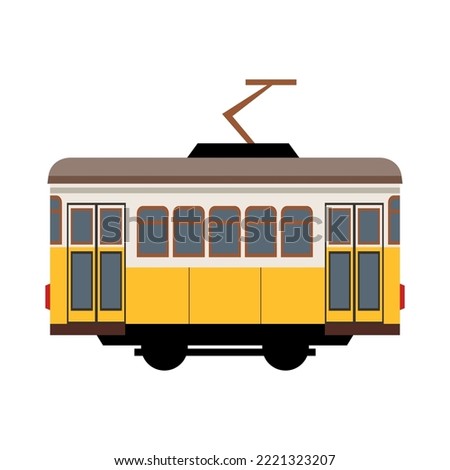 Portuguese retro yellow tram car on white background flat vector illustration